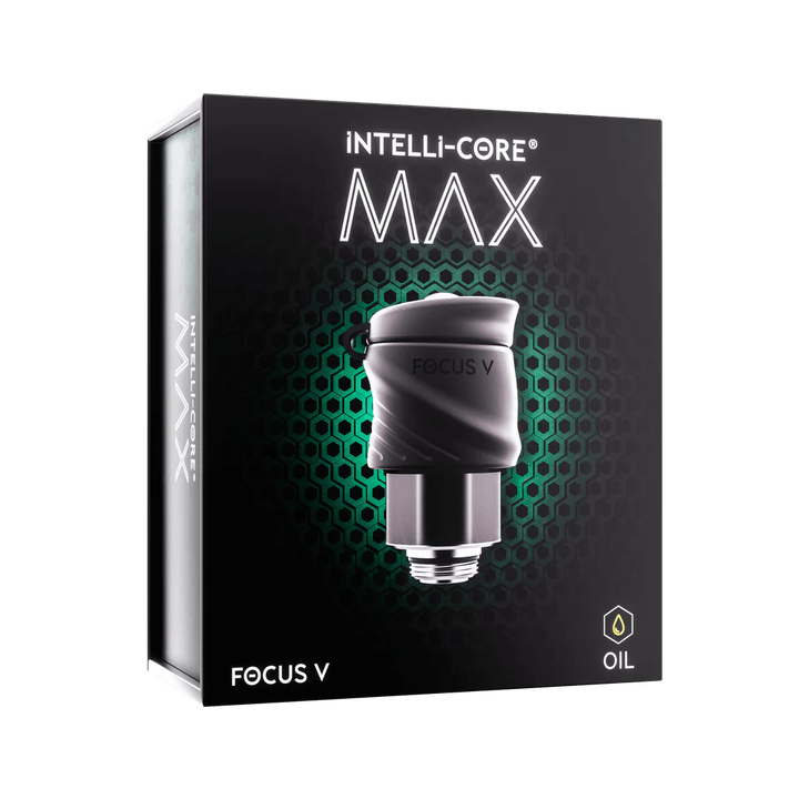 Retail packaging of Focus V Intelli Core Max Atomizer featuring hexagon design and oil compatibility for Black Friday sale.