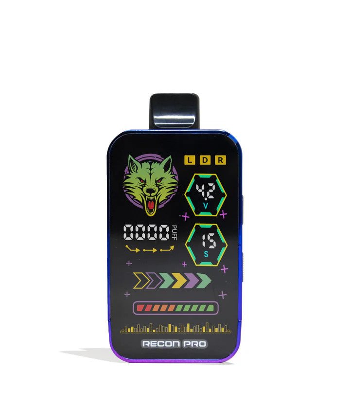 Full Color Wulf Mods Recon Pro Dual 510 Voltage Battery, front view showing multicolor gradient and display screen.