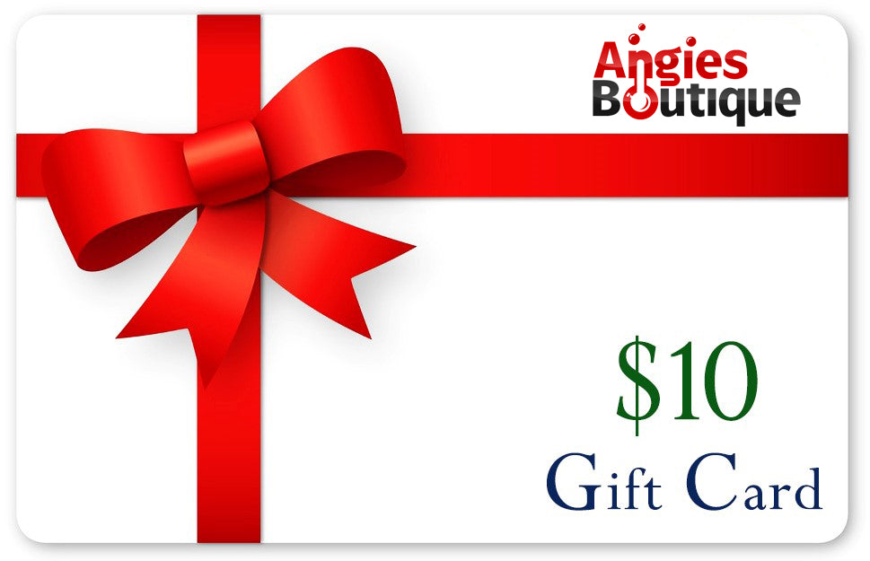 $10 Angies Boutique Gift Card with red bow design, perfect for small thoughtful gifts and online shopping convenience.