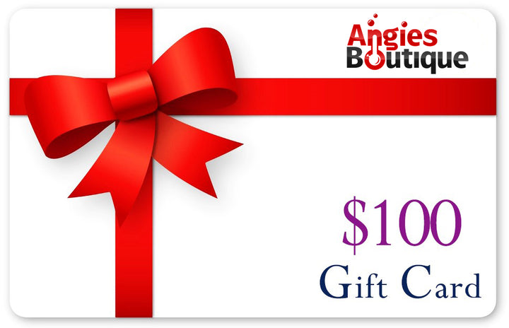 $100 Angies Boutique Gift Card with red ribbon, ideal for generous gifting and premium boutique shopping experiences.