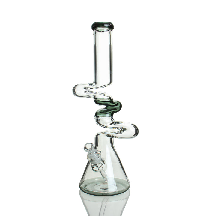 front view of 18-inch 9 mm three-kink scientific glass zong bong with removable downstem in smoke color