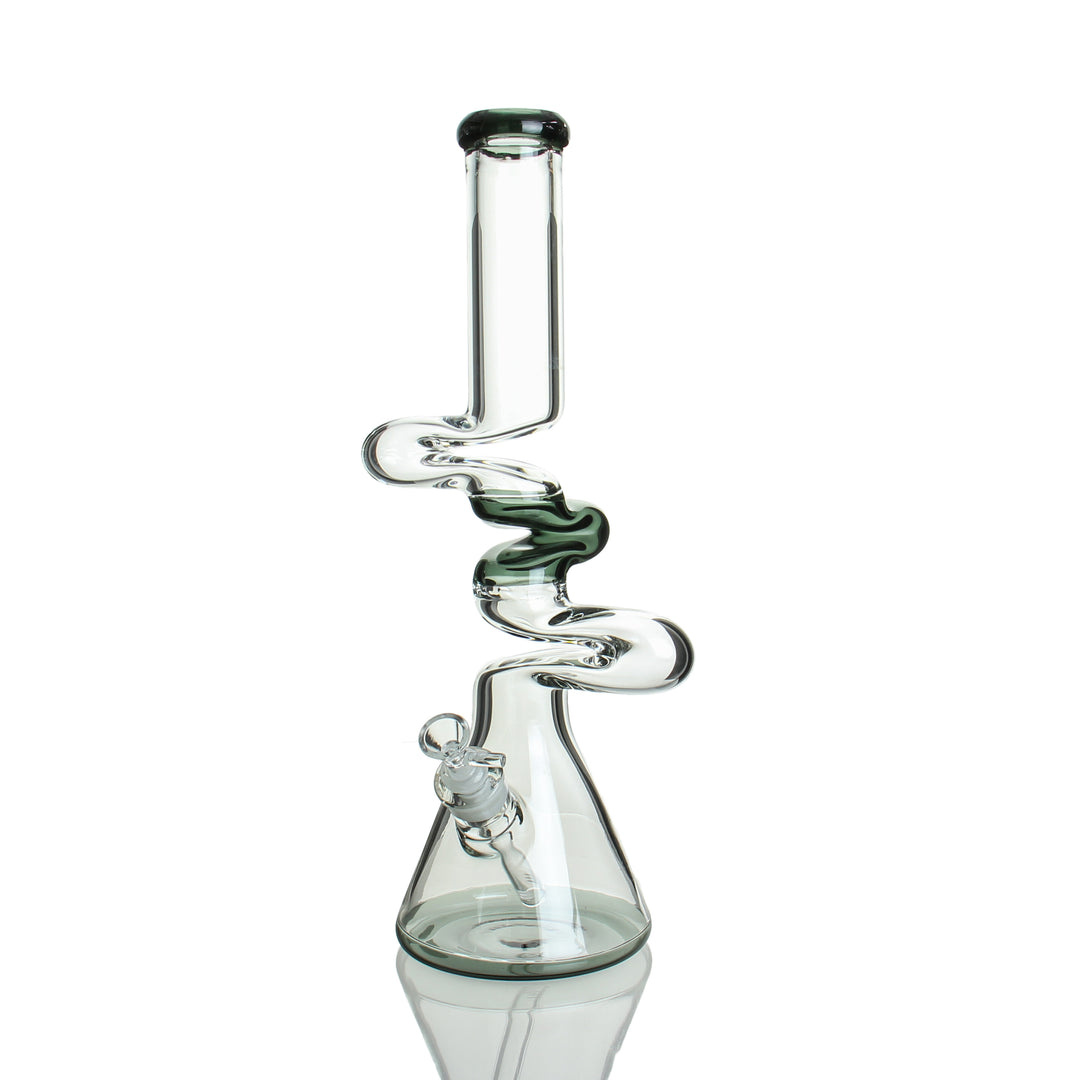 front view of 18-inch 9 mm three-kink scientific glass zong bong with removable downstem in smoke color