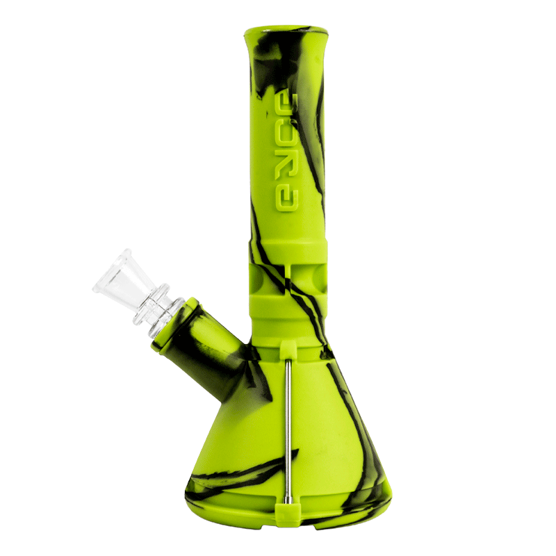 Eyce Silicone Mini Beaker in neon green and black design, a compact 7-inch water pipe with 14mm female joint, ideal for rugged outdoor use.