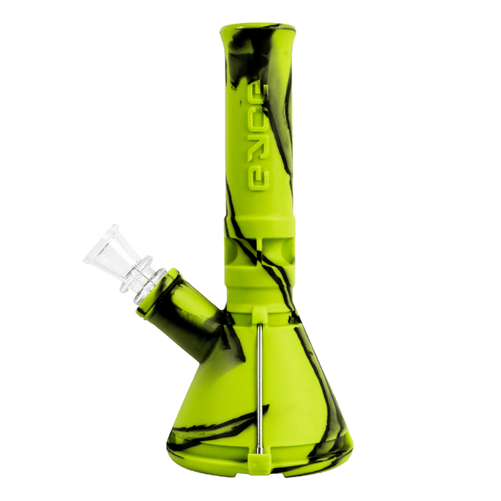Eyce Silicone Mini Beaker in neon green and black design, a compact 7-inch water pipe with 14mm female joint, ideal for rugged outdoor use.