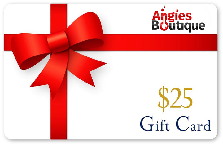$25 Angies Boutique Gift Card featuring red ribbon and bow, great for birthdays, holidays, or special occasions.