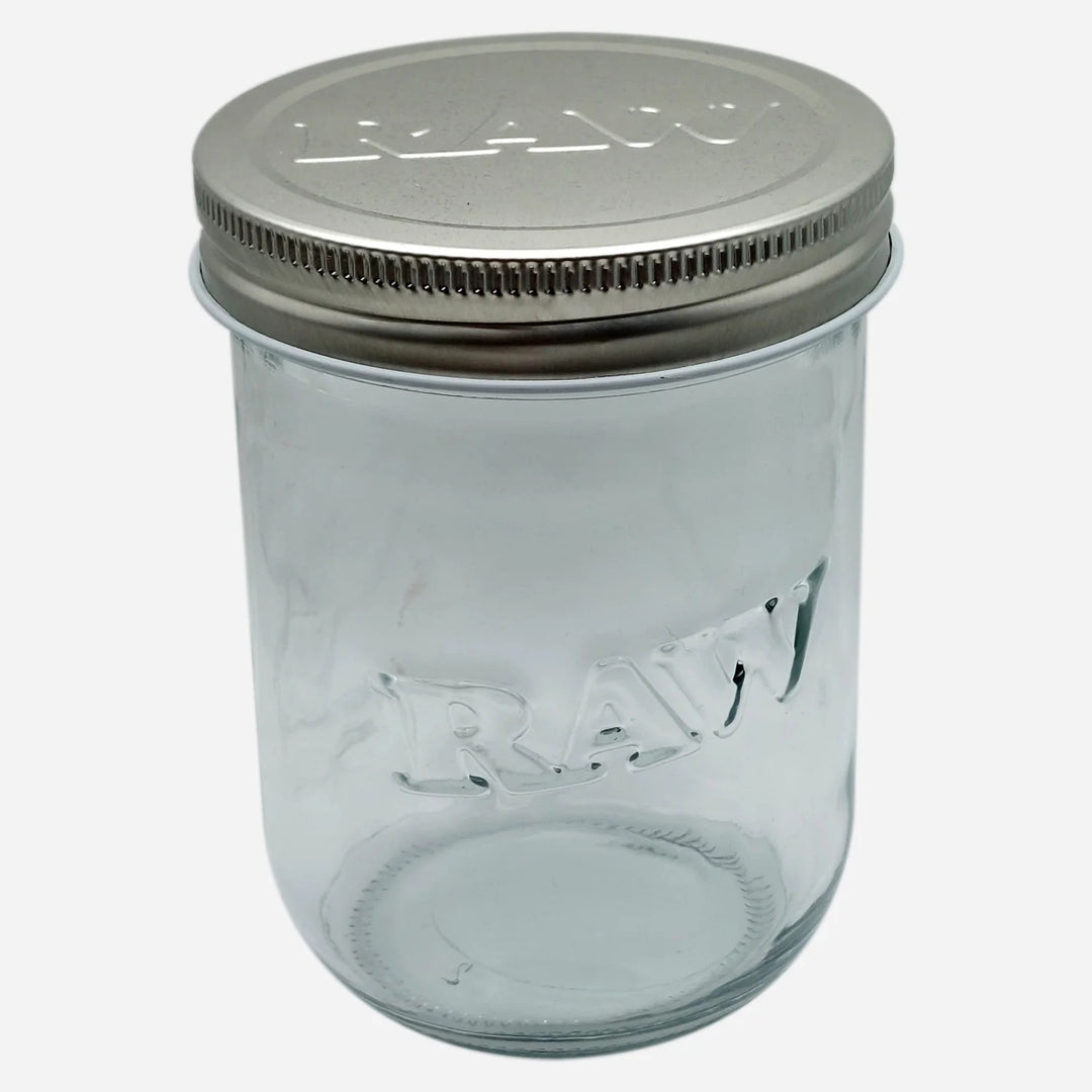Raw - Smell Proof Cozy &amp; Jar - 16 oz clear glass jar with embossed RAW logo and metal screw-on lid for airtight storage.