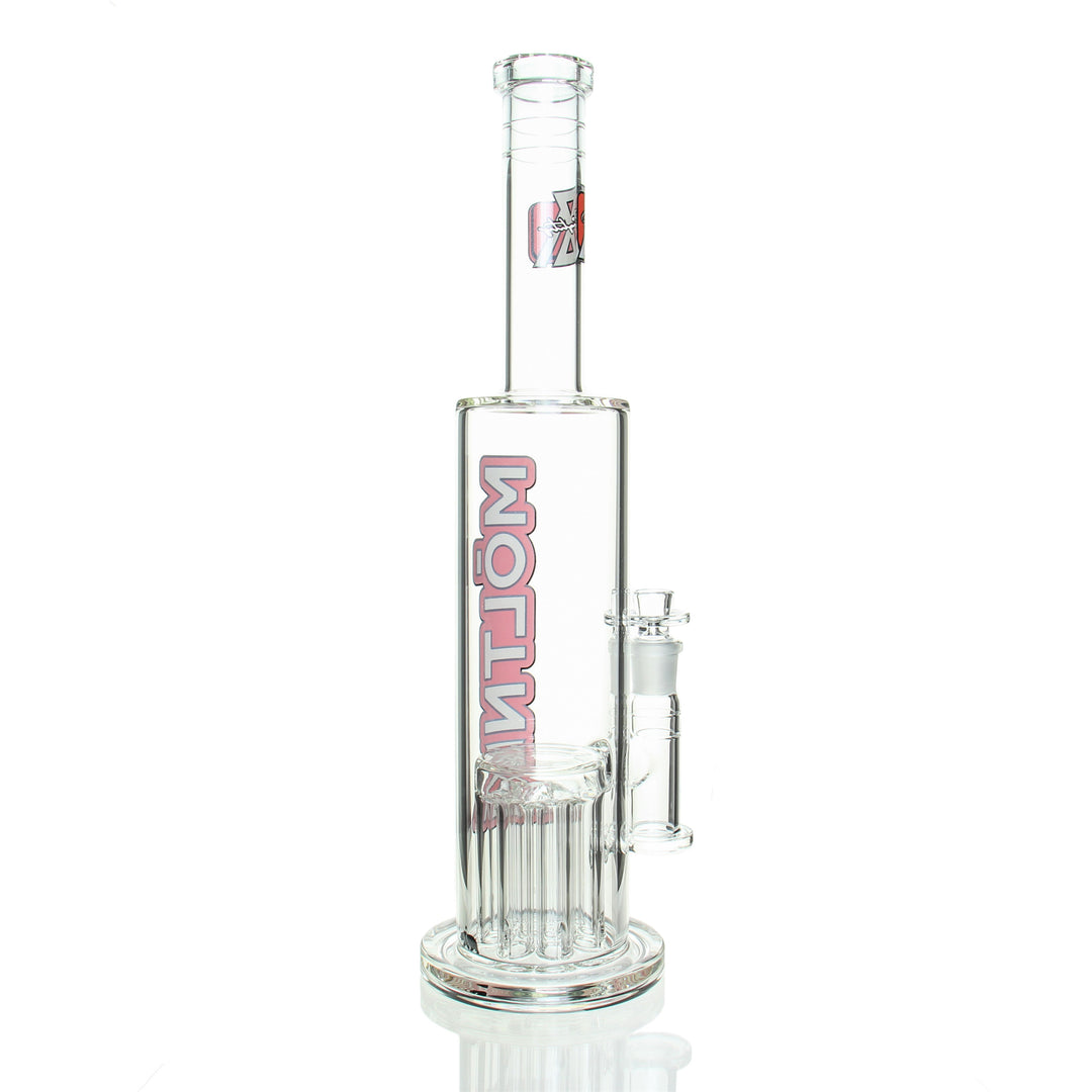 Rear view of Moltn Glass 80mm Tall Single Tree Perc - Red straight bong showing clear glass design and intricate percolator system.