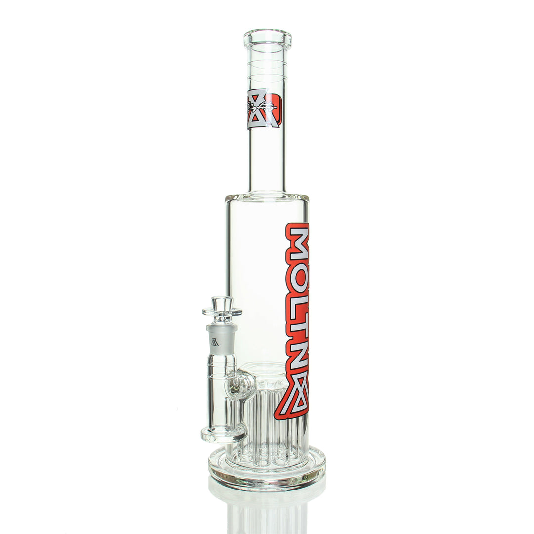 Moltn Glass 80mm Tree Perc - Red straight bong with single tree percolator and bold red logo, designed for smooth hits and durability.