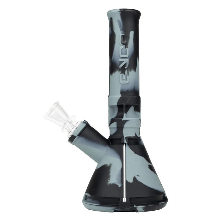 Eyce Silicone Mini Beaker in black and gray camo pattern, a rugged 7-inch silicone water pipe with 14mm female joint, perfect for portability.