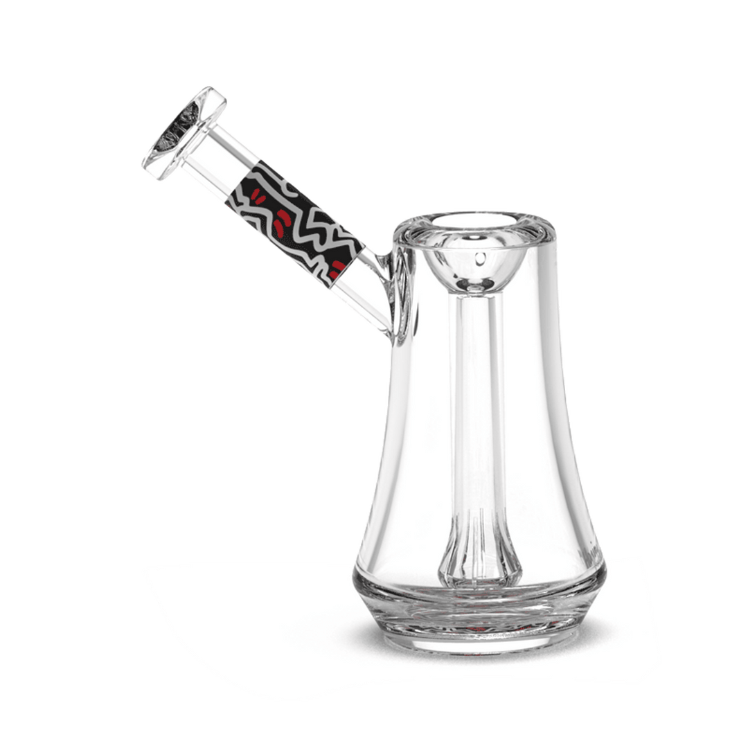 Keith Haring Glass Bubbler in black, red, and white with bold graphic design on the neck, ideal for stylish water pipe enthusiasts.