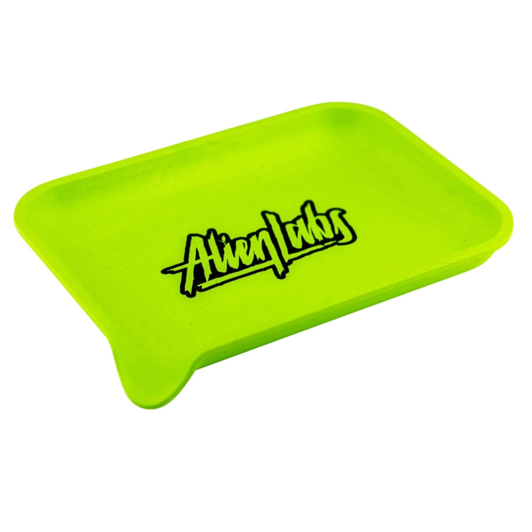 Santa Cruz Shredder x Alien Labs Small Hemp Tray in lime green with Alien Labs logo, eco-friendly rolling tray for smoking accessories.