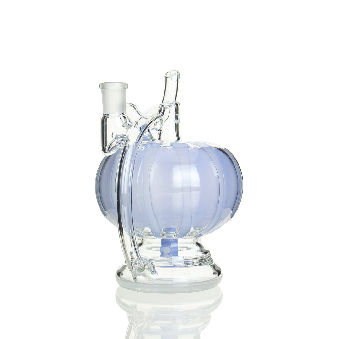 Angled view of the Hamm's Waterworks Aqueduct recycler rig in baby blue, showcasing its pumpkin-shaped chamber and sandblasted base.