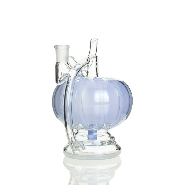 Angled view of the Hamm's Waterworks Aqueduct recycler rig in baby blue, showcasing its pumpkin-shaped chamber and sandblasted base.