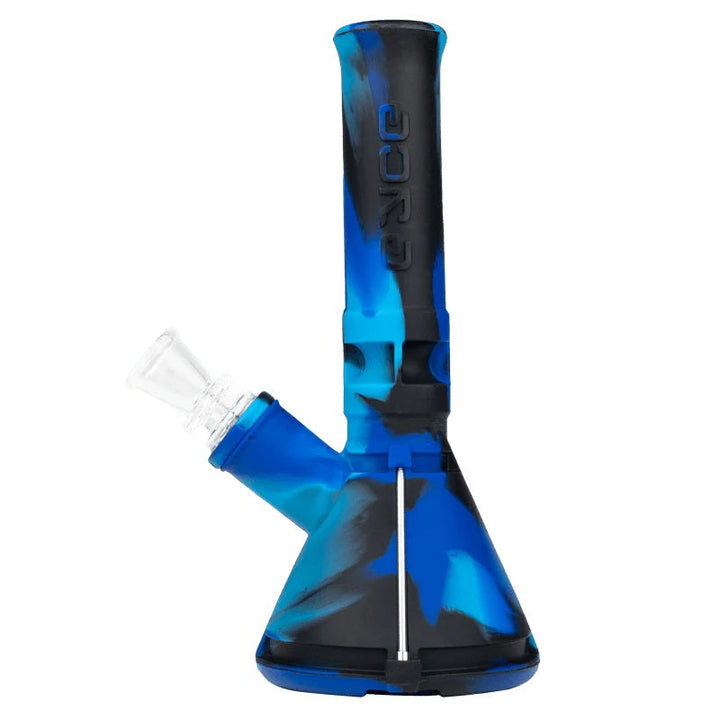 Eyce Silicone Mini Beaker in blue and black camo, a travel-friendly 7-inch silicone water pipe with 14mm female joint for durable smoking use.