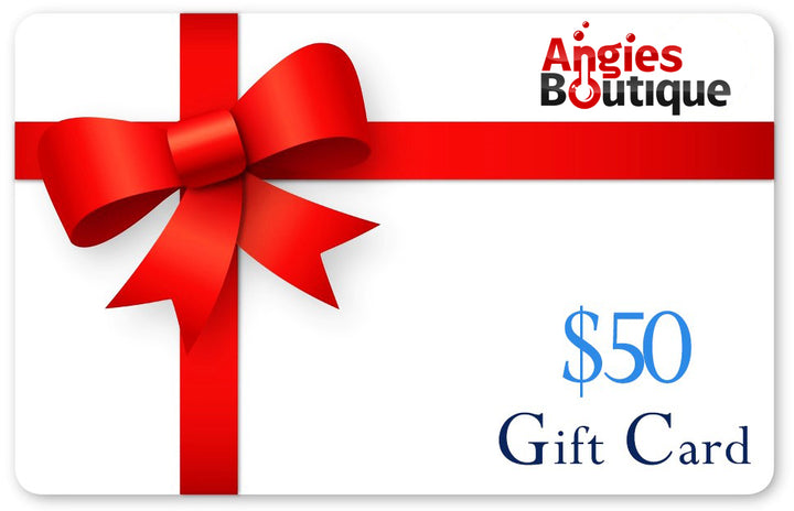 $50 Angies Boutique Gift Card with festive red bow, offering versatile gifting for fashion and accessories.