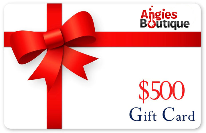 $500 Angies Boutique Gift Card with elegant red bow, perfect for luxury gifting and high-value boutique purchases.