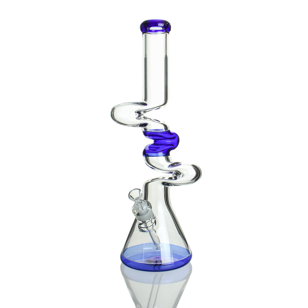 Blue 18-inch 3-kink scientific glass zong bong with 9mm thick walls and removable downstem front view