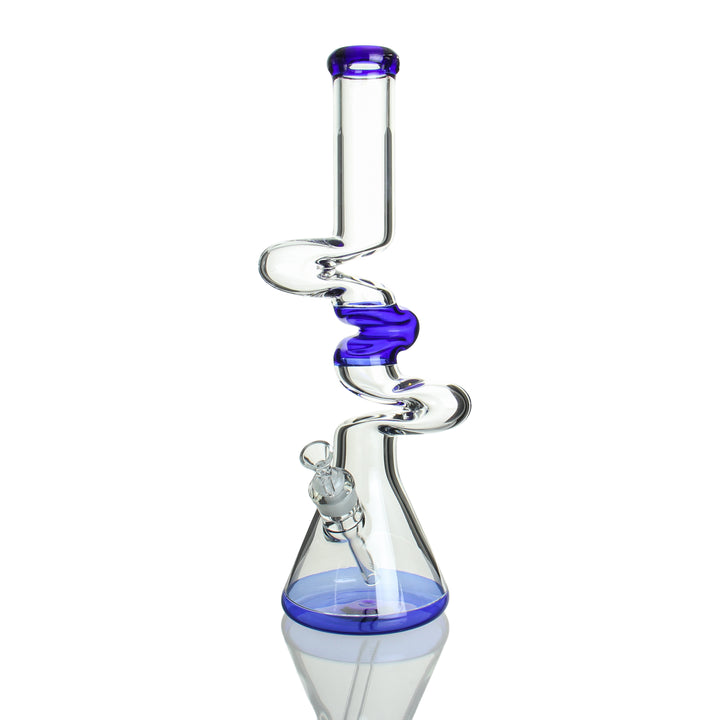 Blue 18-inch 3-kink scientific glass zong bong with 9mm thick walls and removable downstem front view