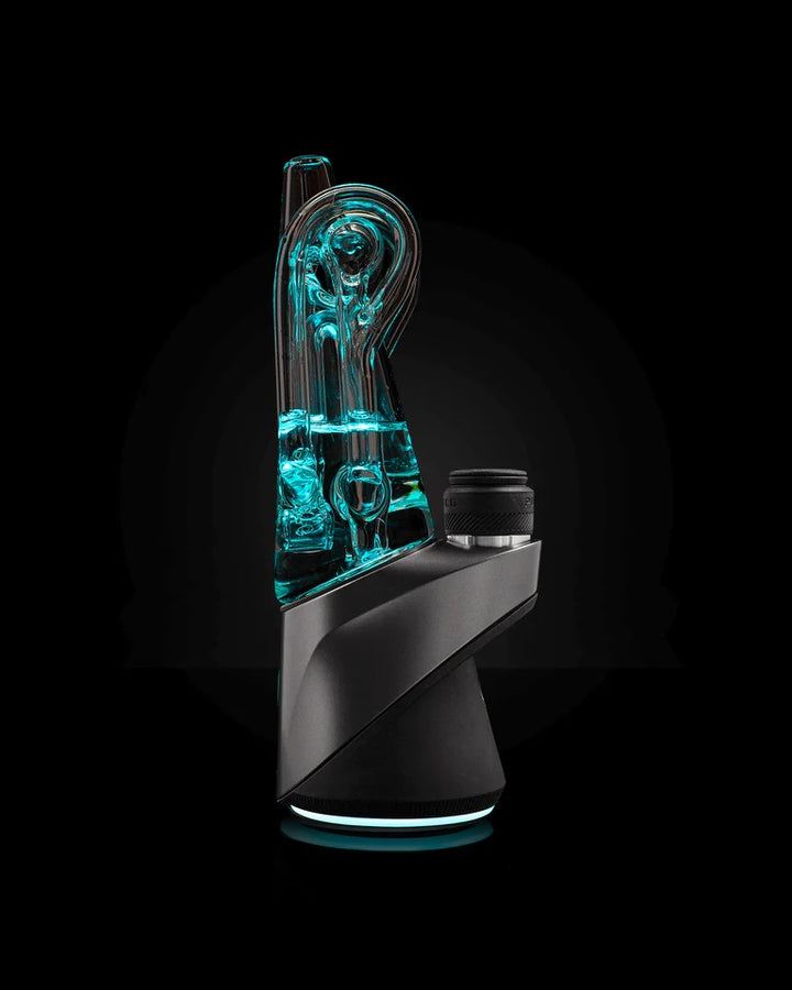 Puffco Ryan Fitt Recycler Glass 2.0 – full glass view under blue light showing precision-blown recycler shape.