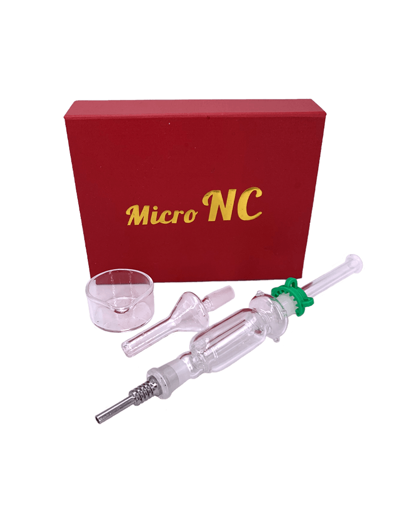 Micro Nectar Collector - Efficient Dab Tool with titanium tip, quartz tip, and glass body, shown with red storage box. Compact 8-inch design.