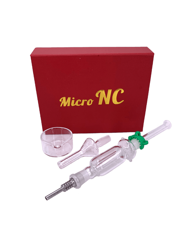 Micro Nectar Collector - Efficient Dab Tool with titanium tip, quartz tip, and glass body, shown with red storage box. Compact 8-inch design.