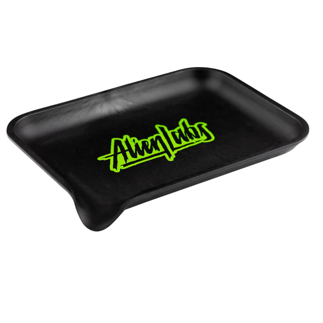 Santa Cruz Shredder x Alien Labs Small Hemp Tray in black with neon green Alien Labs logo, featuring a built-in pour spout and compact design.