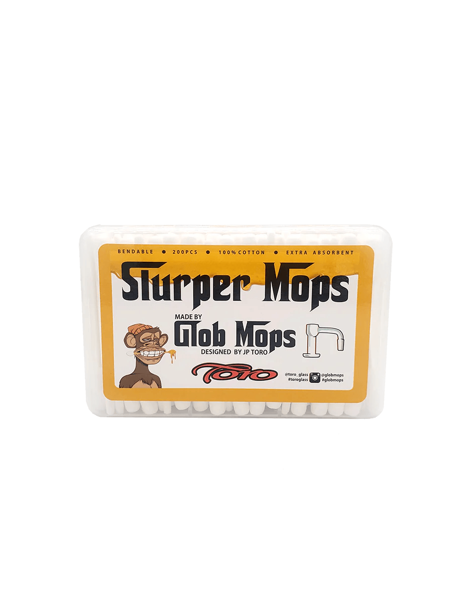 Glob Mops - Slurper Mops pack of 200 bendable, extra absorbent cotton tips designed for slurper nails, shown in branded packaging.