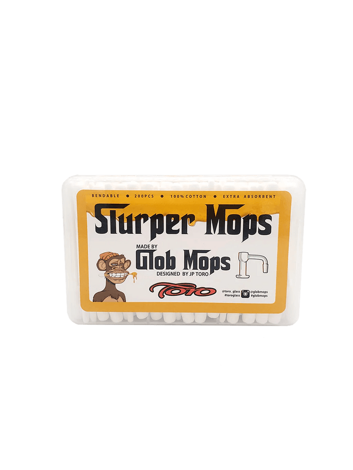 Glob Mops - Slurper Mops pack of 200 bendable, extra absorbent cotton tips designed for slurper nails, shown in branded packaging.