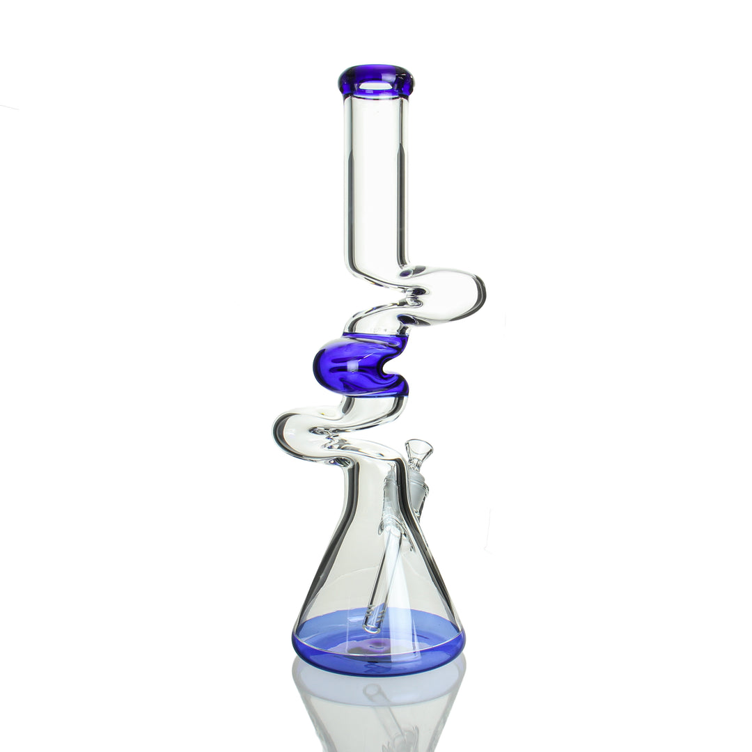 Blue 18-inch 3-kink scientific glass zong bong with 9mm thick walls and removable downstem back view