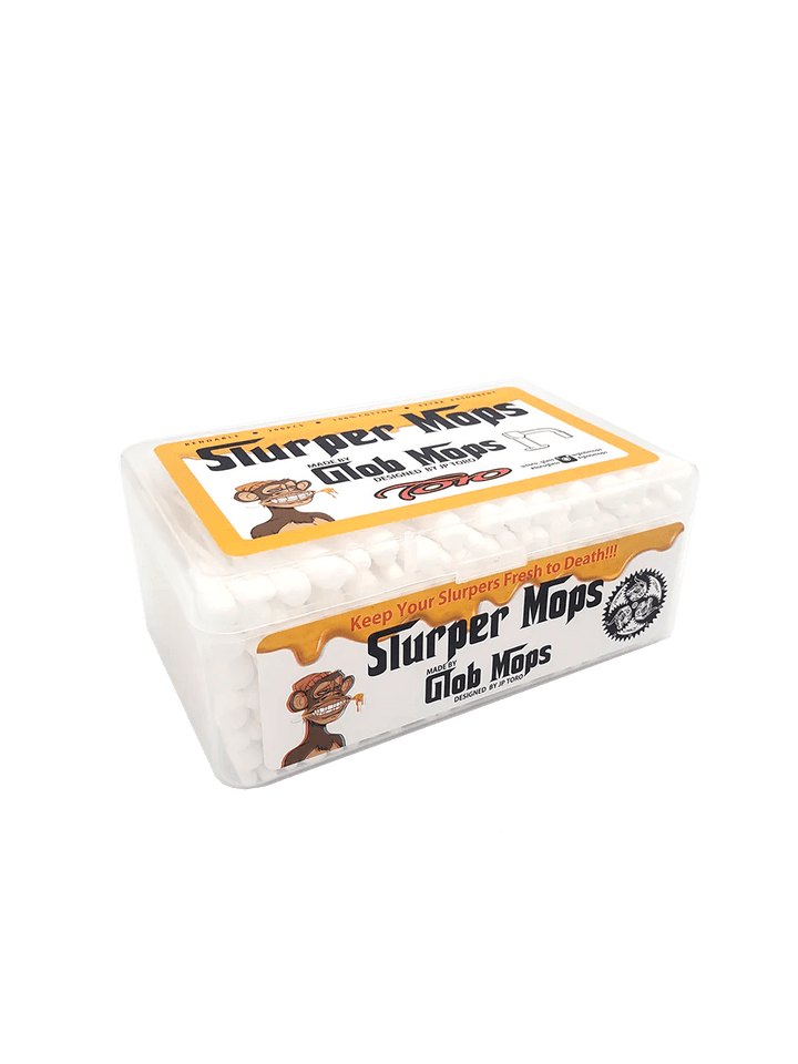 Angled view of Glob Mops - Slurper Mops container with 200 extra absorbent cotton swabs for slurper nail maintenance.