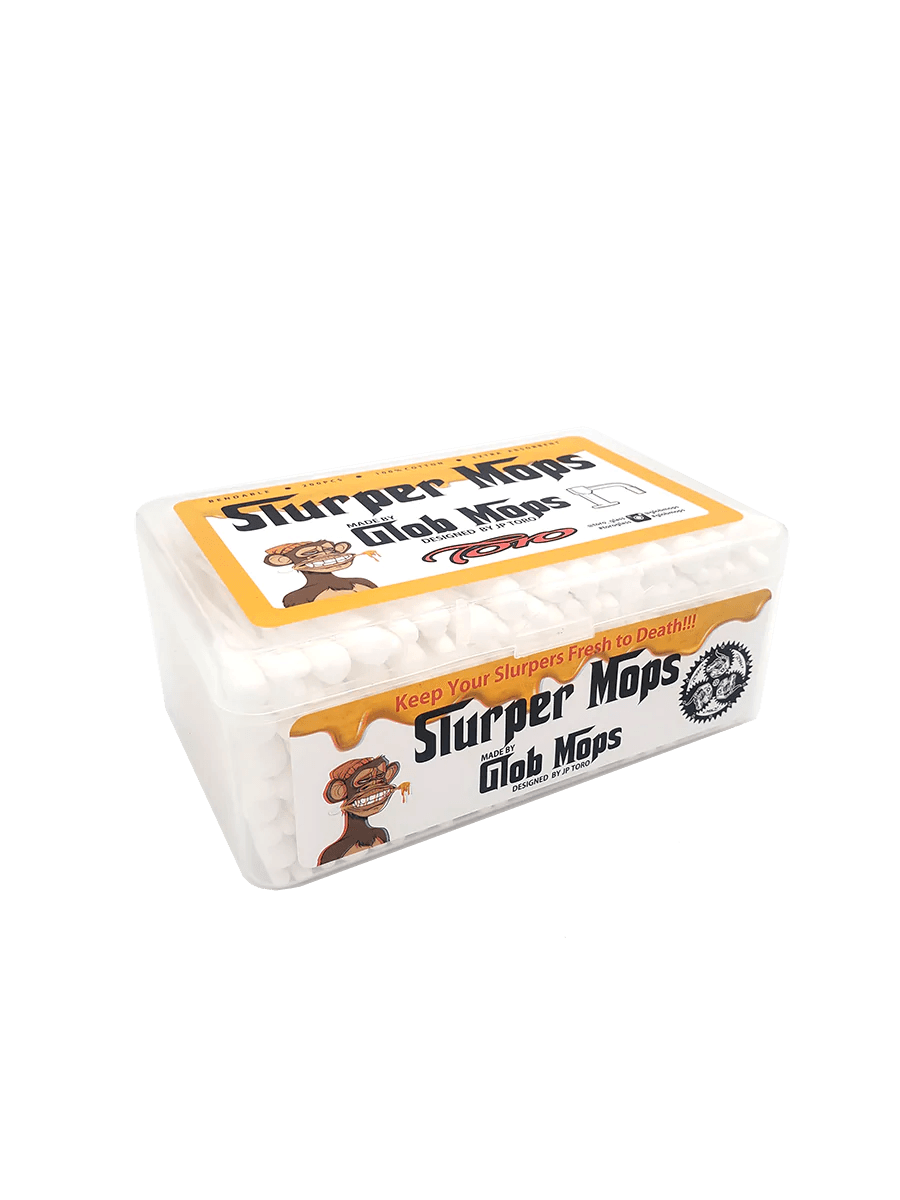 Angled view of Glob Mops - Slurper Mops container with 200 extra absorbent cotton swabs for slurper nail maintenance.