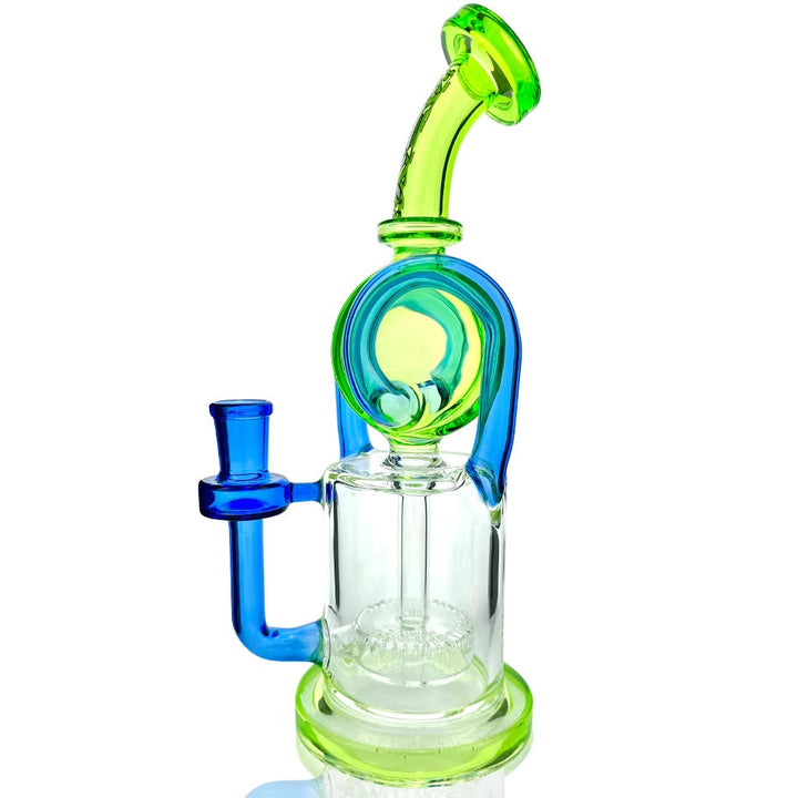 Side angle of AFM - Dual Pump Recycler - Green showcasing up grid UFO perc, 14mm male bowl joint, and vibrant green and blue glass detailing.