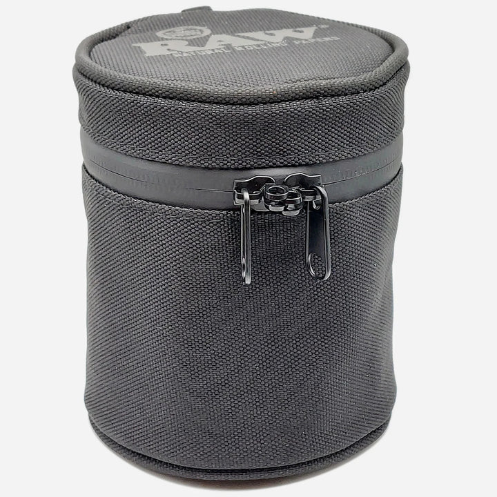 Raw - Smell Proof Cozy & Jar - 16 oz black fabric case with zipper and lock, designed for odor control and UV protection.