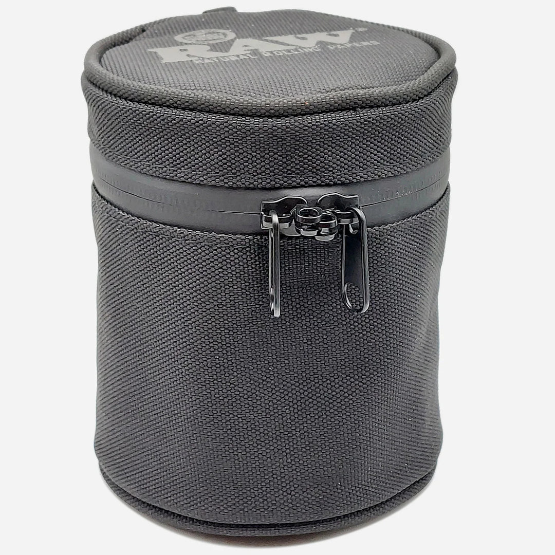 Raw - Smell Proof Cozy & Jar - 16 oz black fabric case with zipper and lock, designed for odor control and UV protection.