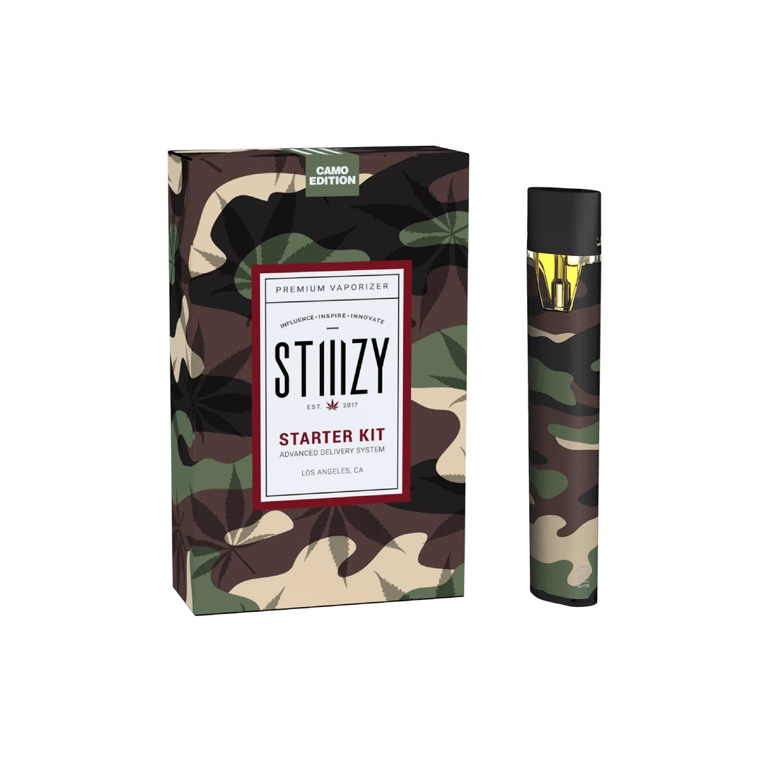 Stiiizy Starter Kit Camo Edition with camouflage design, 210mAh rechargeable battery and USB charging, pod not included.
