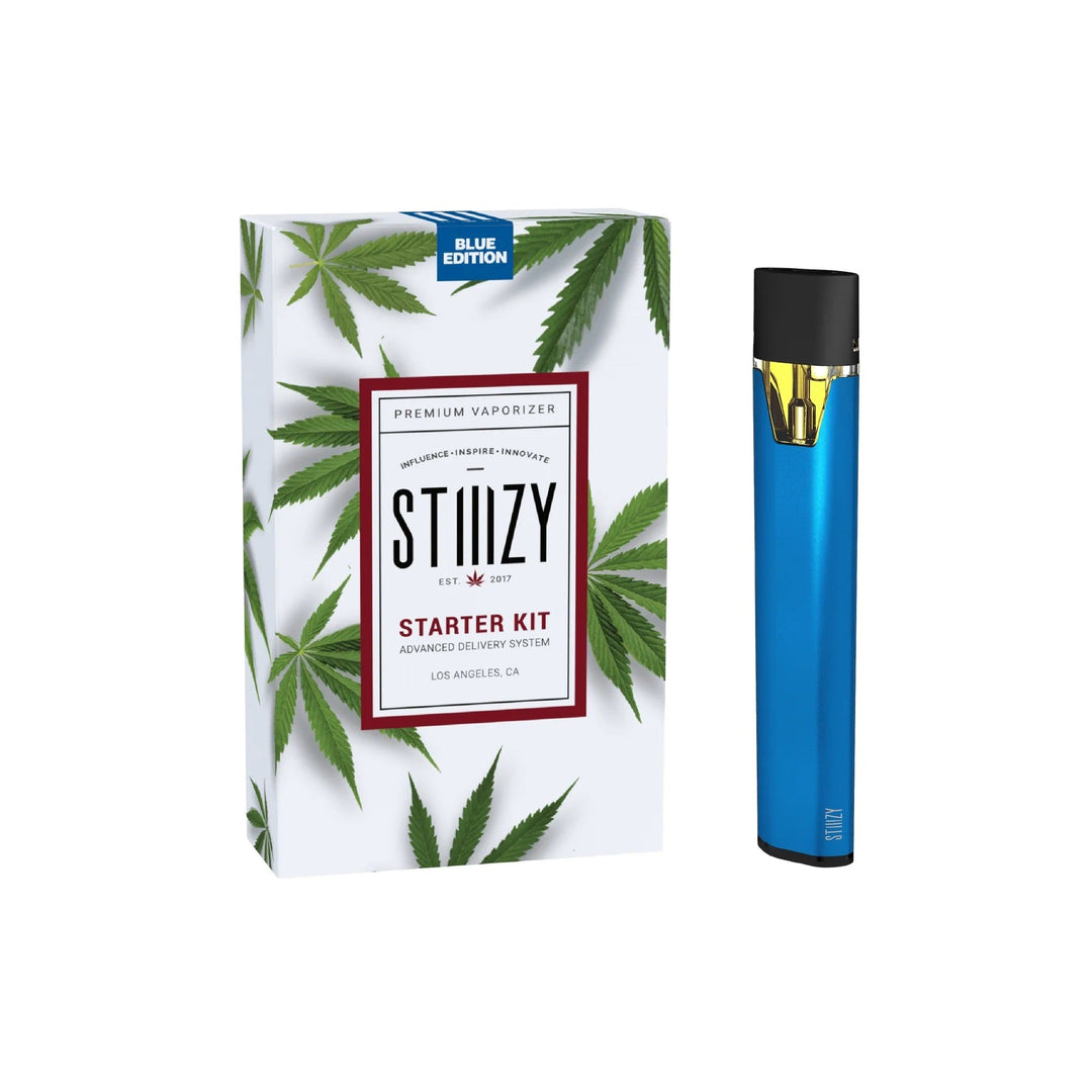 Stiiizy Starter Kit Blue Edition premium vaporizer featuring USB charging cable and 210mAh battery, pod sold separately.