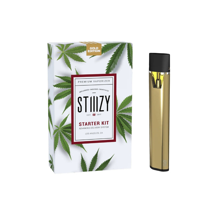 Stiiizy Starter Kit Gold Edition vaporizer with sleek finish, USB charging port and 210mAh battery, pod not included.