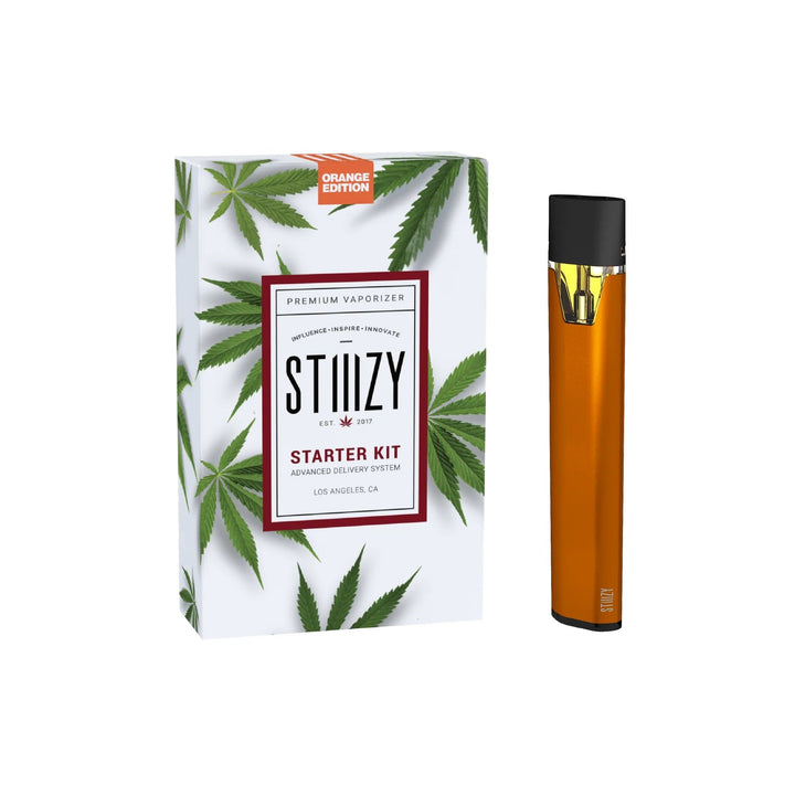 Stiiizy Starter Kit Orange Edition advanced delivery system with USB charging and 210mAh battery, pod not included.