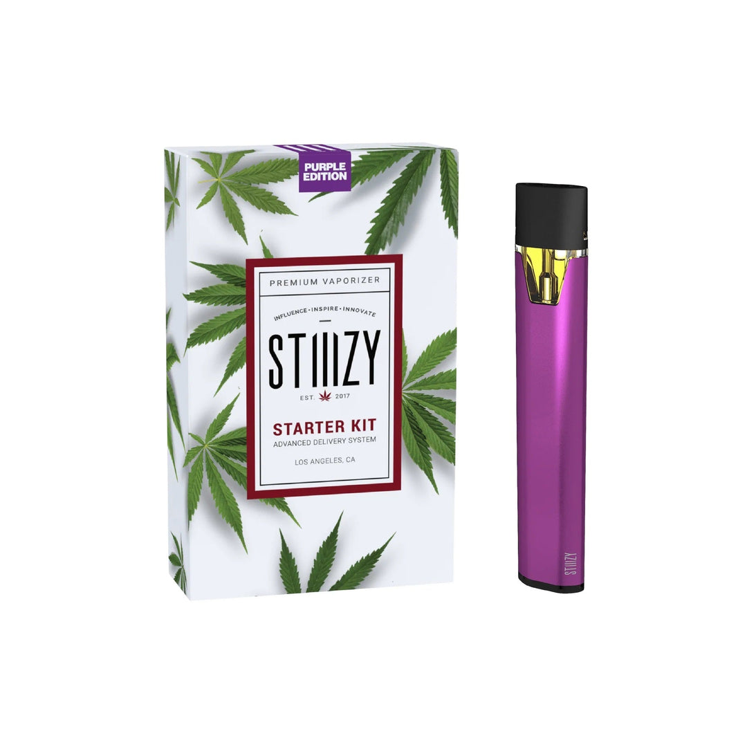 Stiiizy Starter Kit Purple Edition vaporizer with 210mAh battery and USB charging cable, pod not included.