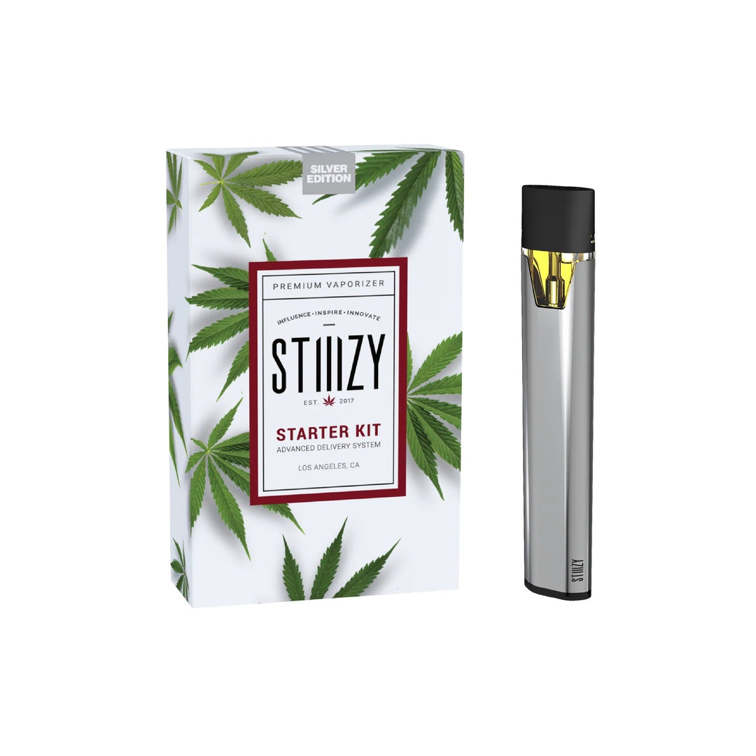 Stiiizy Starter Kit Silver Edition vaporizer includes USB charging port and 210mAh battery, pod not included.