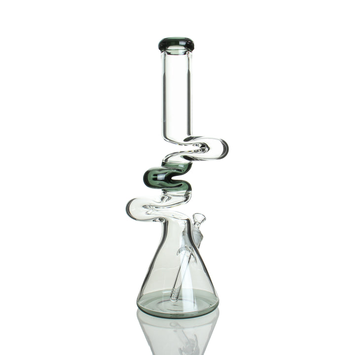 back view of 18-inch 9 mm three-kink scientific glass zong bong with removable downstem in smoke color
