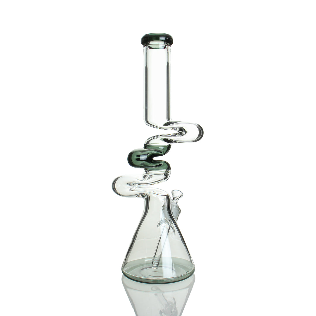 back view of 18-inch 9 mm three-kink scientific glass zong bong with removable downstem in smoke color