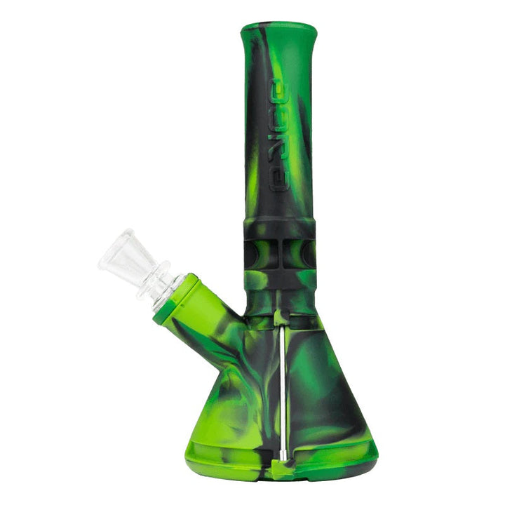 Eyce Silicone Mini Beaker in green and black swirl, a nearly indestructible 7-inch water pipe with 14mm female joint for on-the-go sessions.