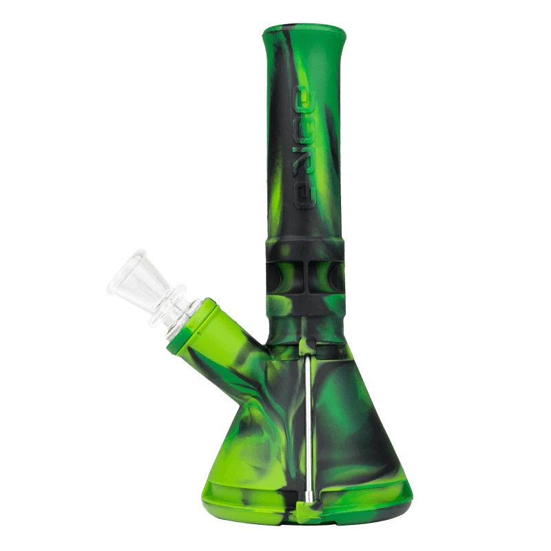 Eyce Silicone Mini Beaker in green and black swirl, a nearly indestructible 7-inch water pipe with 14mm female joint for on-the-go sessions.