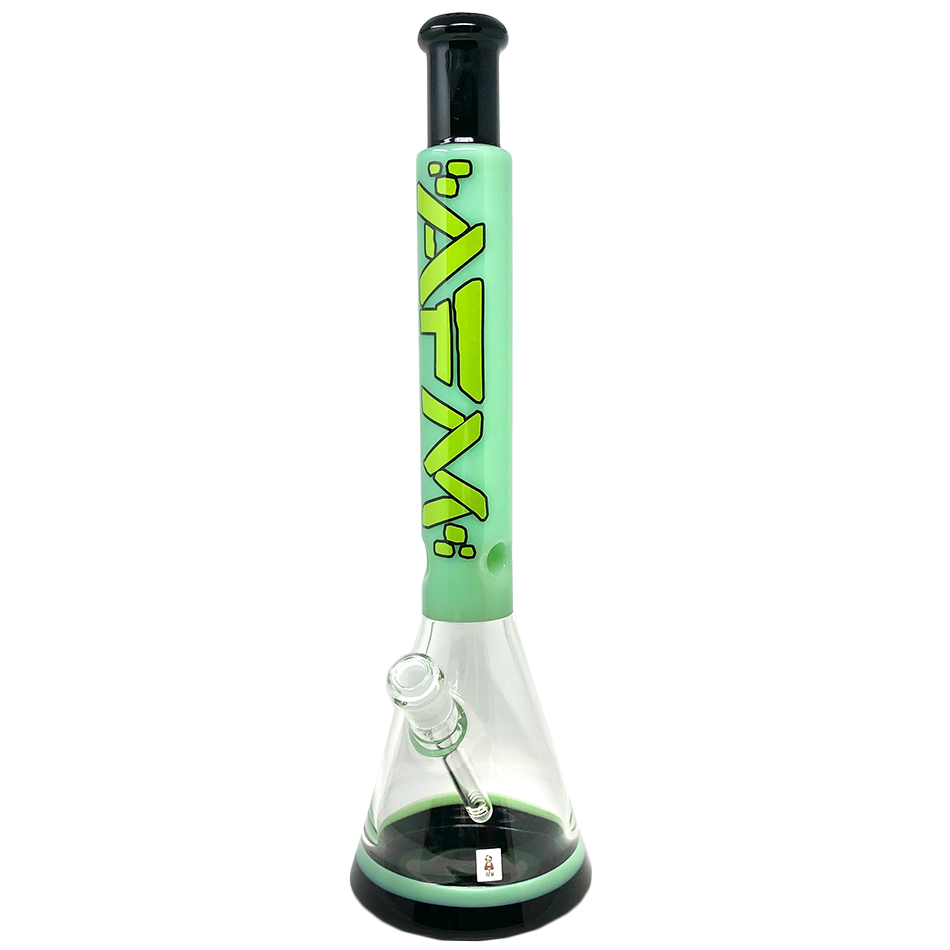 AFM 18-inch beaker bong — slyme green and black two-tone glass water pipe with wide stable base