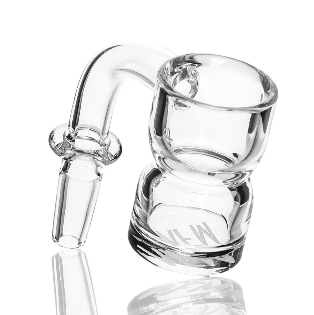 AFM Glass 25mm Splash Guard Banger Male 10mm 90deg — 25mm splash-guard quartz banger with 10mm male joint at 90 degrees