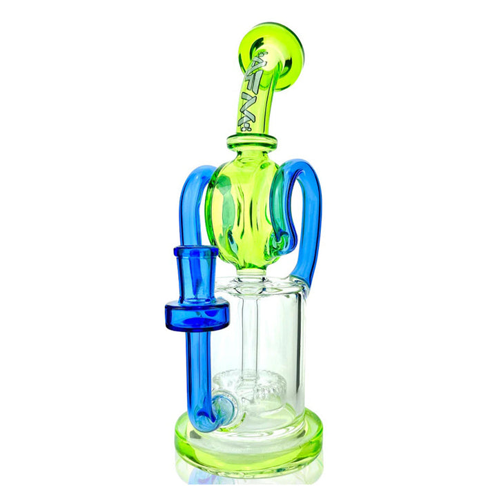 AFM - Dual Pump Recycler - Green water pipe with blue accents, featuring a 14mm female joint, UFO perc, and bent neck design for smooth filtration.