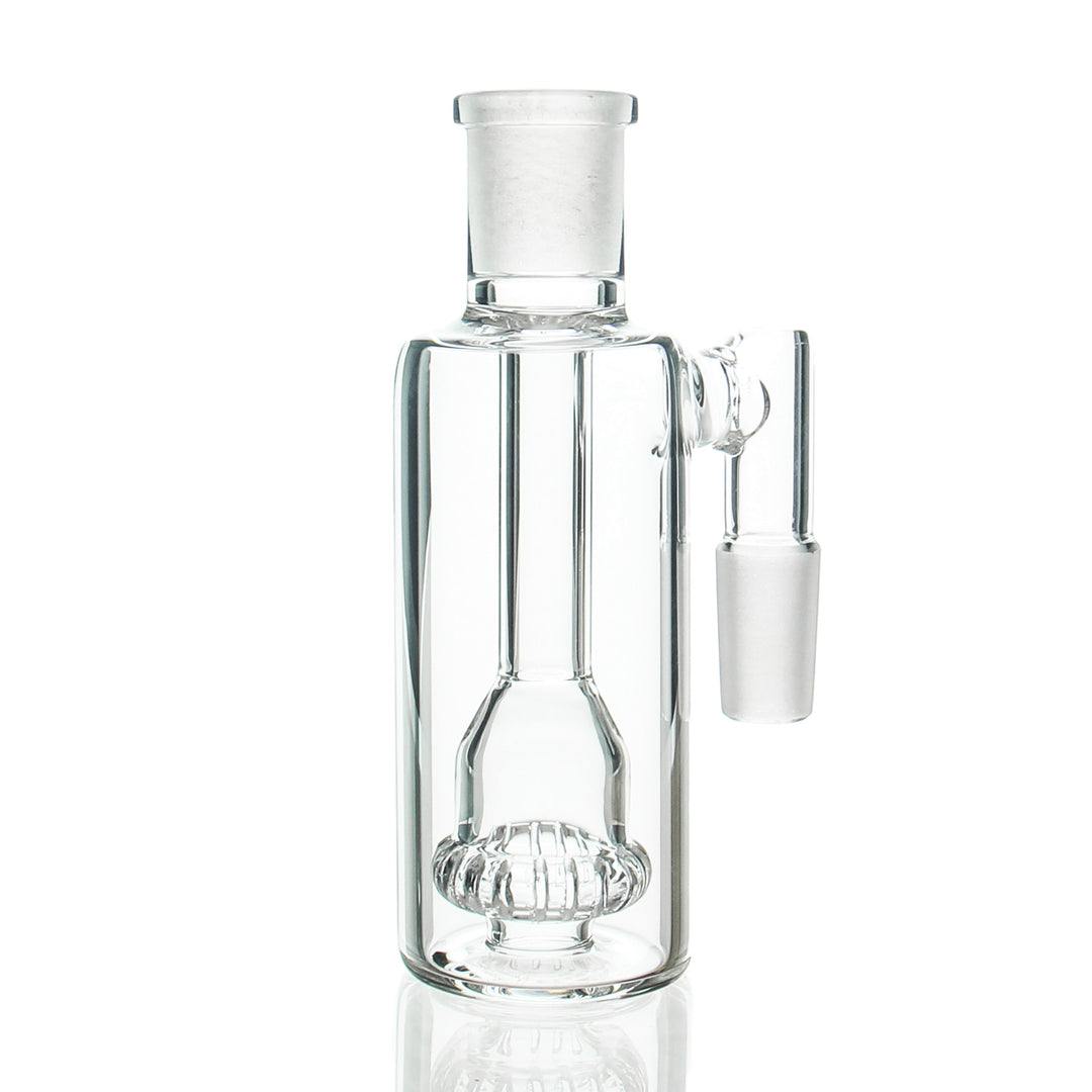 AFM Glass Showerhead Ashcatcher 14mm Male 90deg — showerhead-perc ashcatcher with 14mm joint and 90-degree angle