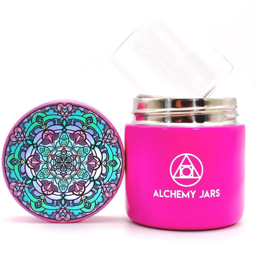 Alchemy Jars x MVV Pink Heart Mandala — insulated concentrate jar collab with pink heart mandala artwork, hero shot