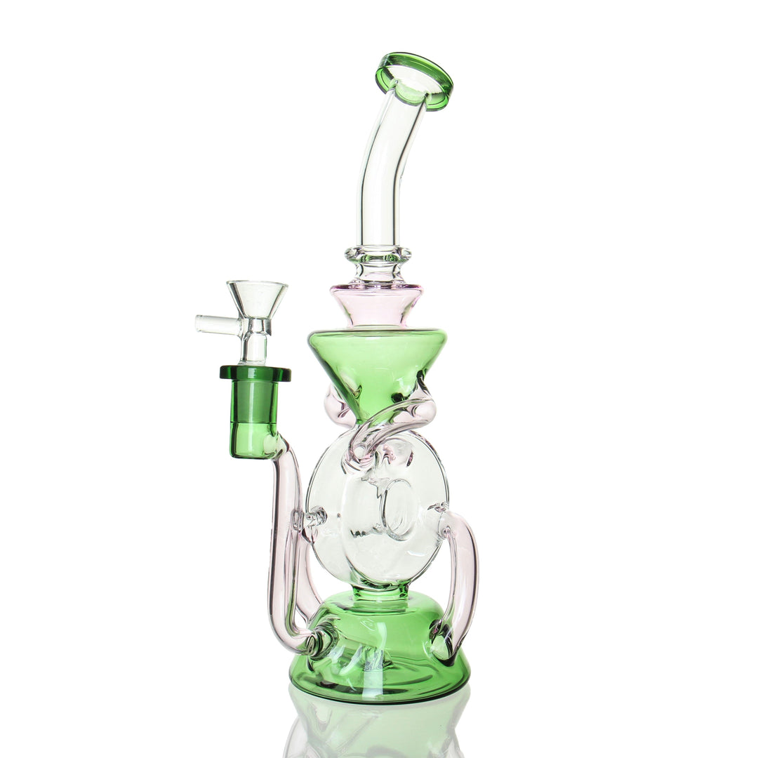 Angies Boutique 11in Dual Uptake Donut Recycler Green and Pink — dual uptake donut recycler dab rig, hero shot